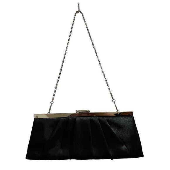 Jessica McClintock Black Kiss Lock Pleated Satin Convertible Clutch - Picture 2 of 13